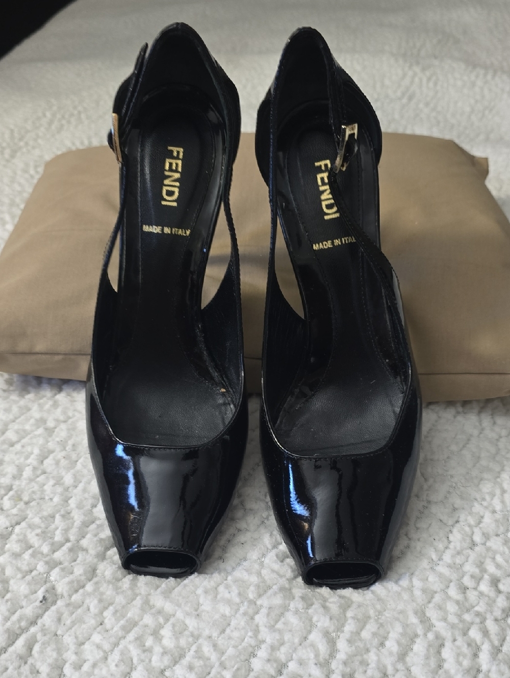 Fendi Black Patent Leather Peep-Toe Slingback Heels with Gold Buckle